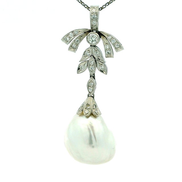 Vintage Platinum Diamond and 18mm Baroque Pearl Drop Necklace For Sale - Image 10 of 11
