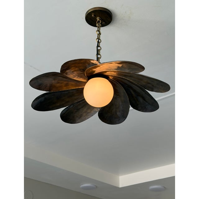 Handmade Black Antique Brass Finish Pendant Light, Floral Metal Ceiling Light, Milk Glass Globe, Vintage Home Decor For Sale - Image 12 of 13