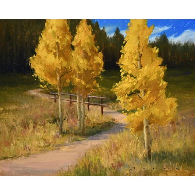 Golden Gate Park Aspens by Derek Harrison | Oil on Linen Painting of yellow aspens by a path For Sale