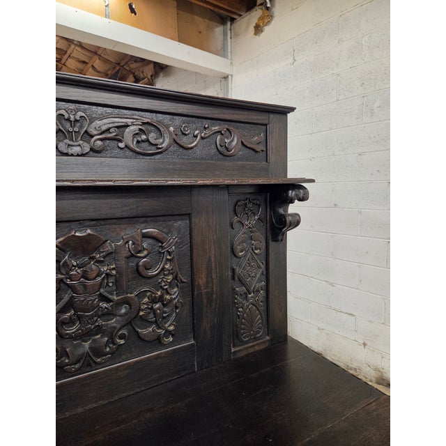 19th Century Unique 19th Century Oak Carved English Sideboard/Buffet With Tall Back For Sale - Image 5 of 11