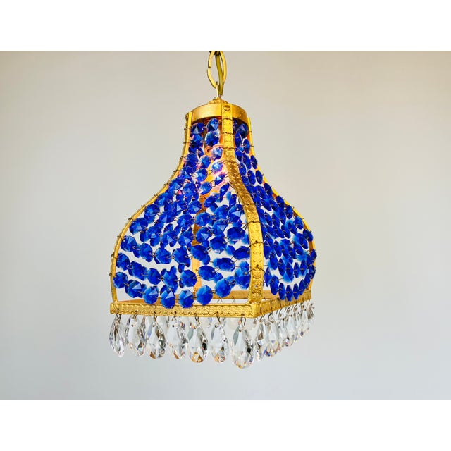 Pair Match 1960s Turkish Mosque Chandelier – Blue Crystal Brass Mid-Century Lighting For Sale - Image 12 of 13