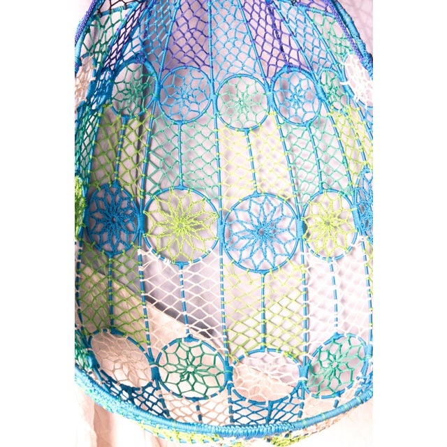 Groovy Mod Woven Fiber Cord Hanging Egg Chair in Blue Green White For Sale - Image 11 of 13