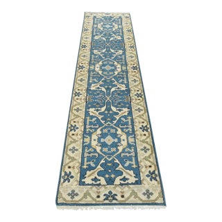 Oushak Runner 2’8” X 10′ Blue Wool Tribal Hand-Knotted Oriental Rug For Sale