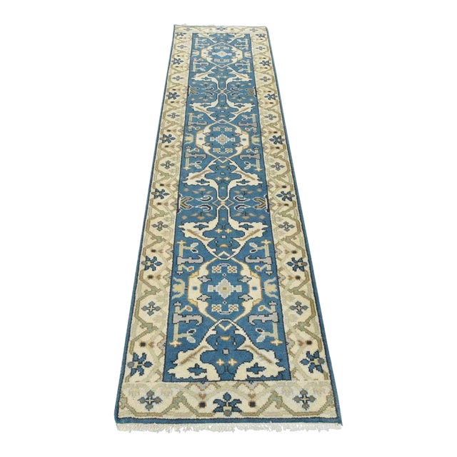 Oushak Runner 2’8” X 10′ Blue Wool Tribal Hand-Knotted Oriental Rug For Sale