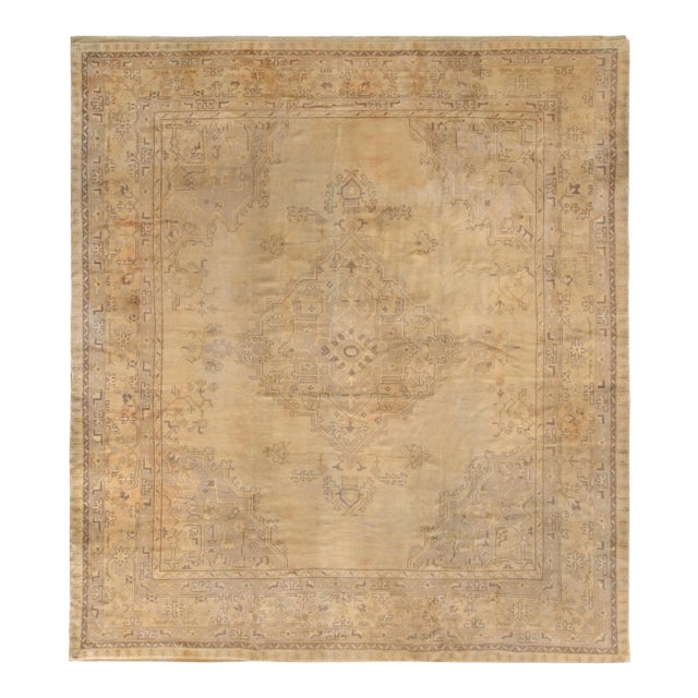 Hand Knotted Vintage Oushak Rug in Beige-Brown and Gray Medallion Pattern For Sale