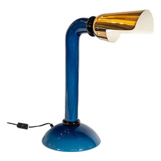 Vintage Murano Blue Glass and Brass Shade Table Lamp, 1960s For Sale