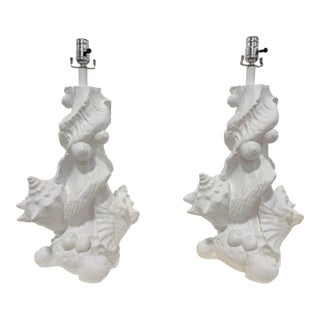 Pair, Vintage Sirmos White Lacquered Plaster Seashell Table Lamps, Palm Beach For Sale