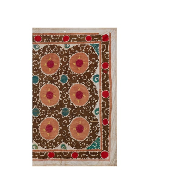 Mid-Century Modern Large Terracotta Brown Suzani | Uzbek Tribal Embroidery Textile Wall Art 7'5'' X 11'6'' For Sale - Image 3 of 14