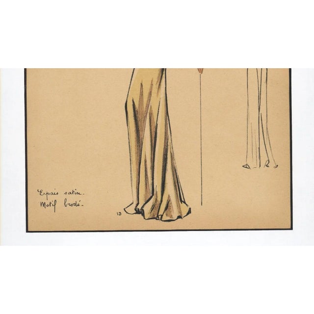 1940s Rare Large Mid-Century French Fashion Print, Evening Dress, Matted For Sale - Image 4 of 4