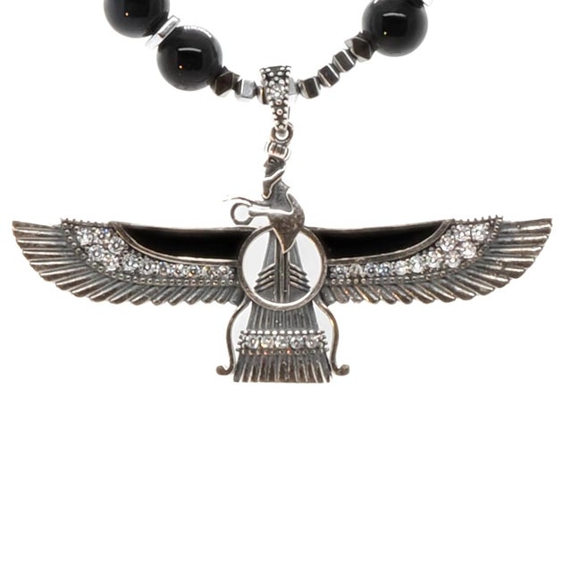 Guardian Angel Faravahar Pendant Black Tourmaline Beaded Necklace For Sale - Image 9 of 12