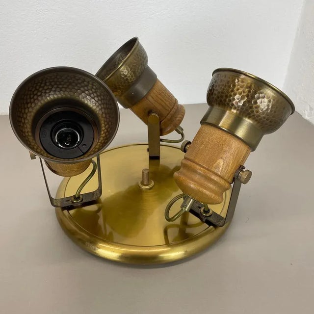 Modern Three-Spot Brass and Oak Ceiling Light from TEMDE Leuchten, Germany 1970s For Sale - Image 15 of 18
