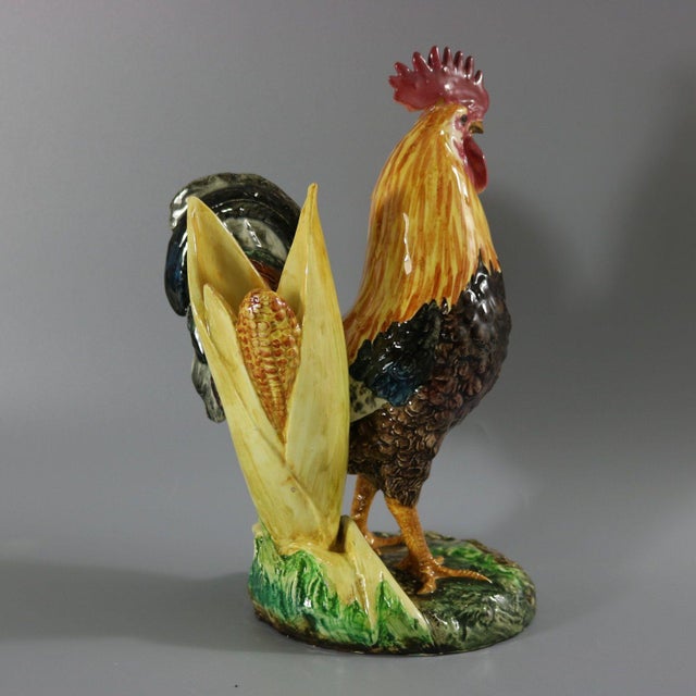 Delphin Massier Majolica Cockerel/Rooster Vase For Sale - Image 6 of 16