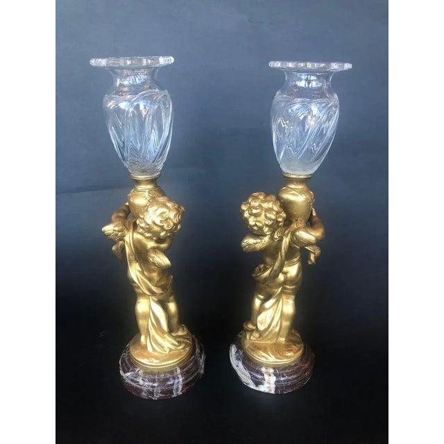 Pair of Bronze Cherubs With Glass Vases For Sale In Los Angeles - Image 6 of 8