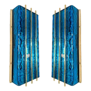 Contemporary Pair of Brass and Blue Murano Glass Sconces, Italy