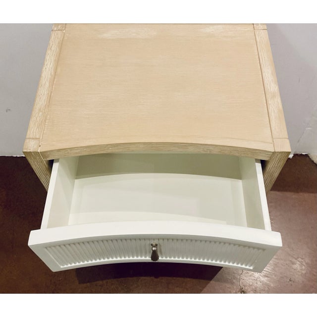 Stylish Lillian August Ivory Fluted Cerused Oak Nightstands Pair, two drawers, fluted nickel tear drop hardware, showroom...