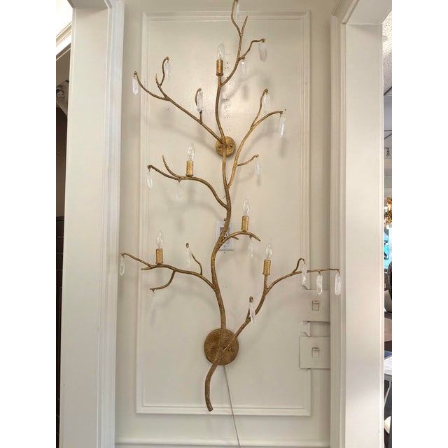 Elegant Currey & Co Forest Wall Sconces. Gold finish with hanging cyrstals. Original Retail $2000 each. Showroom Floor...