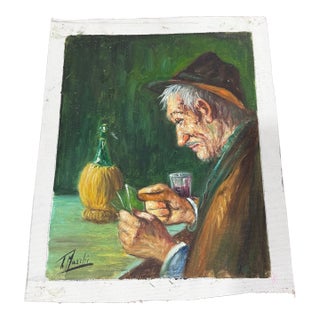 T. March Oil Painting 1950s Loose Colorful Old Man Signed For Sale