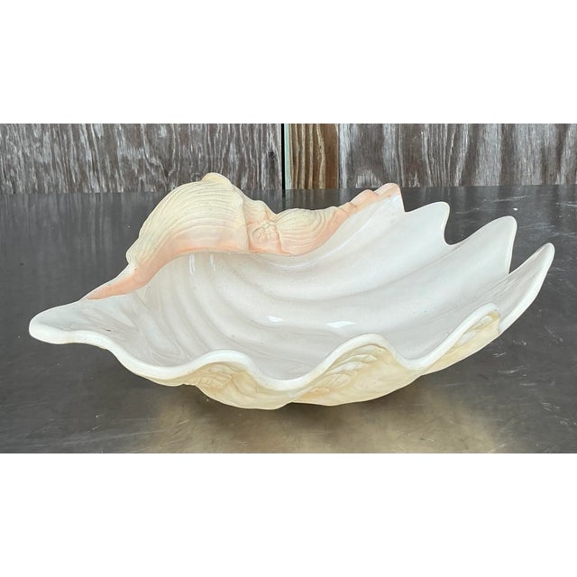 Vintage Coastal Glazed Ceramic Clam Shell For Sale - Image 4 of 9