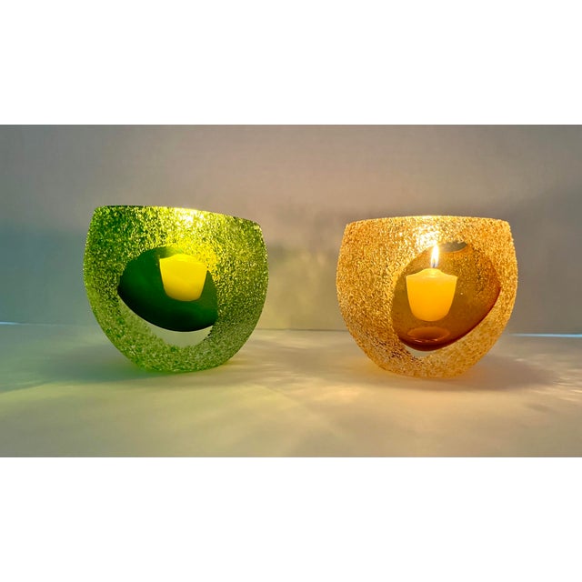 Kelly Green Set of 2 MCM Murano Sommerso Style Votive Candle Holders Geode Sugared Glass For Sale - Image 8 of 10