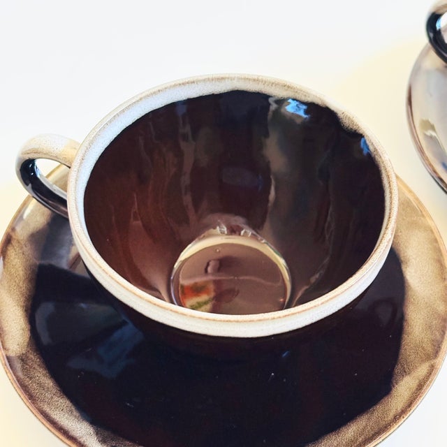 Ceramic Mid 20th Century Mid Century Modern Brown Drip Glaze Mugs and Saucers - Set of 4 For Sale - Image 7 of 11