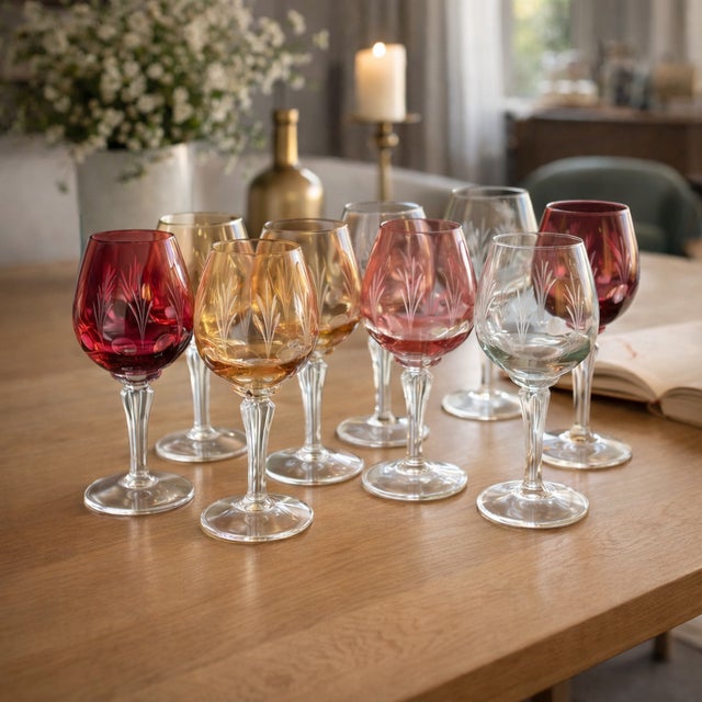 Vintage Colored Crystal Glasses, 1970s, Set of 8, in Flawless conditions. Designed 1970 to 1979