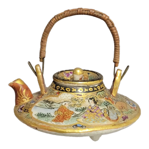 Miniature Japanese Satsuma Teapot by Kinkozan With Gilt Figural Scenes, Meiji-Taishō Era