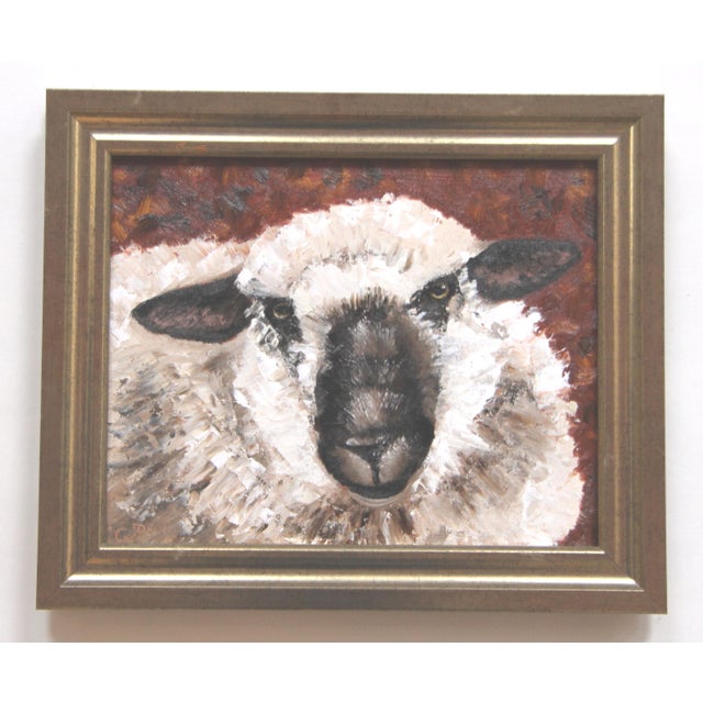 Textile Sheep Lamb Portrait Realism English Traditional White Beige Green Original Oil Painting Cleo Plowden For Sale - Image 7 of 8