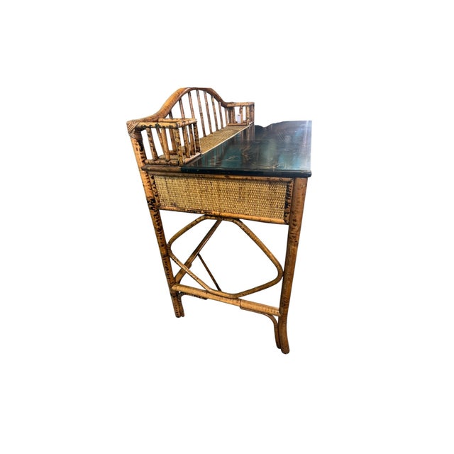 Vintage Chinoiserie, Burnt Bamboo and Rattan Desk and Chair in the British Colonial Style Chair Dimensions: 39 3/4” H X 17 1/4” Seat H , Seat D/ W 17” For Sale - Image 4 of 12