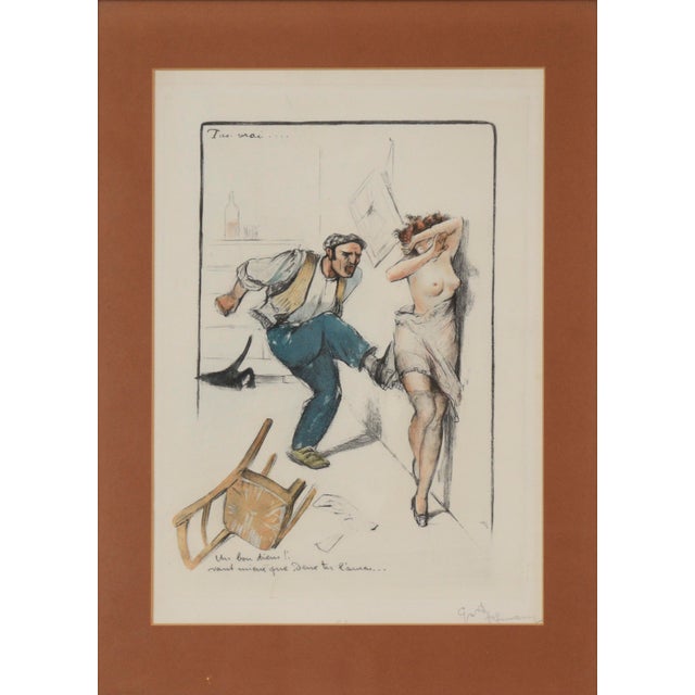 Satirical French Illustration of Man and Woman Comical illustration by Gaston Hoffmann (French, 1883-1967) titled "un bon...