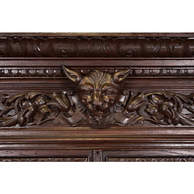 Antique French Renaissance Revival Carved Oak Breakfront Bookcase or Bar Cabinet, Circa 1880s For Sale In South Bend - Image 6 of 11