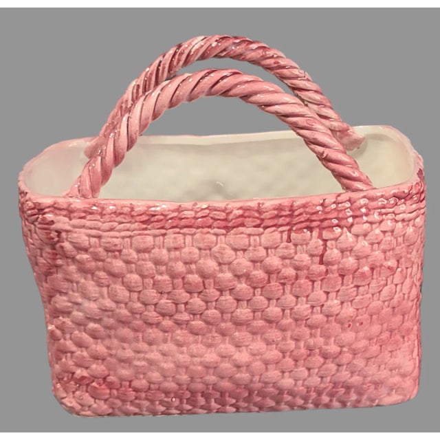 Boho Chic Late 20th Century Floral Pink Pottery Hand Painted Basket Planter, Made in Italy For Sale - Image 3 of 8
