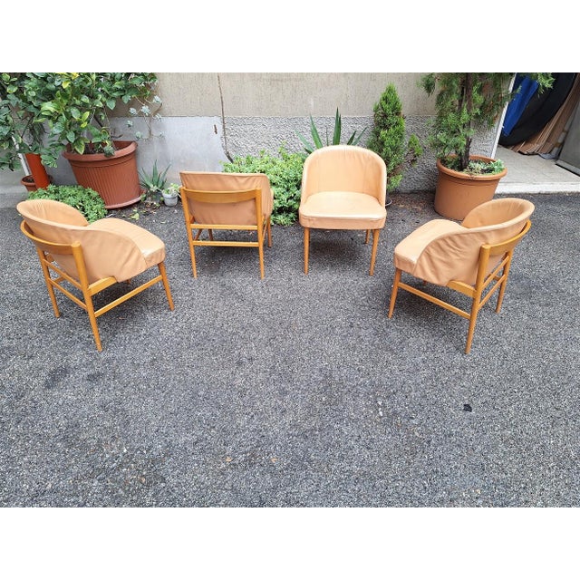 Armchairs in Light Wood and Caramel Ski Seat, 1960s, Set of 4 For Sale - Image 4 of 10