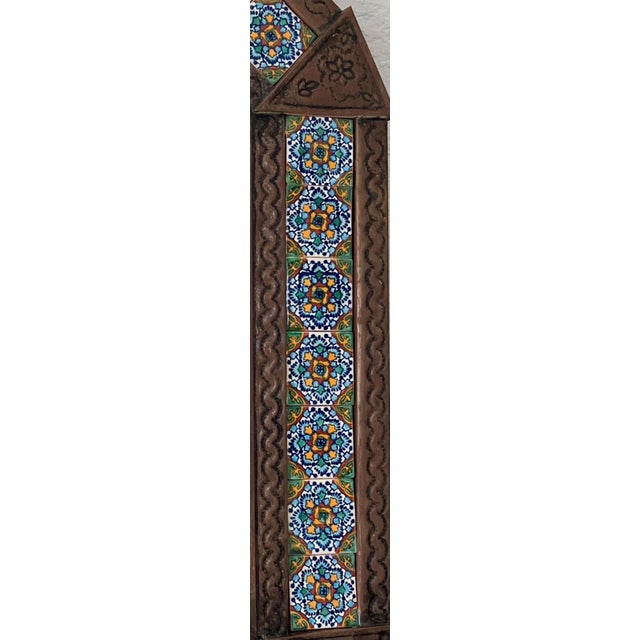 Metal Circa 2005 Mexican Bronzed Hojalata (Tin Art Work) & Talavera Tile Mirror - Hangs Vertically or Horizontally For Sale - Image 7 of 14