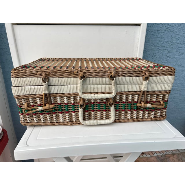 Vintage Wicker and Vinyl Rattan Picnic Basket Red Green and White Picnic Basket Suitcase For Sale - Image 9 of 12