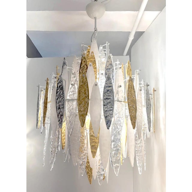Modern Italian Silver Gold Frosted White Crystal Murano Glass Icicle Chandelier For Sale - Image 12 of 12