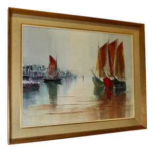 Yachts in Harbour, 1970s, Oil on Canvas, Framed