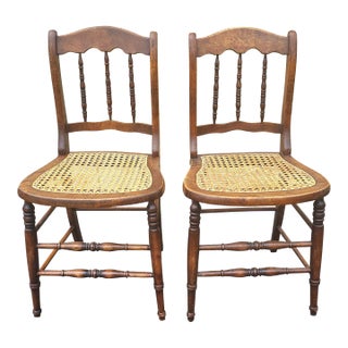 Pair of Early American Walnut and Cane Seat Spindle Back Side Chairs For Sale