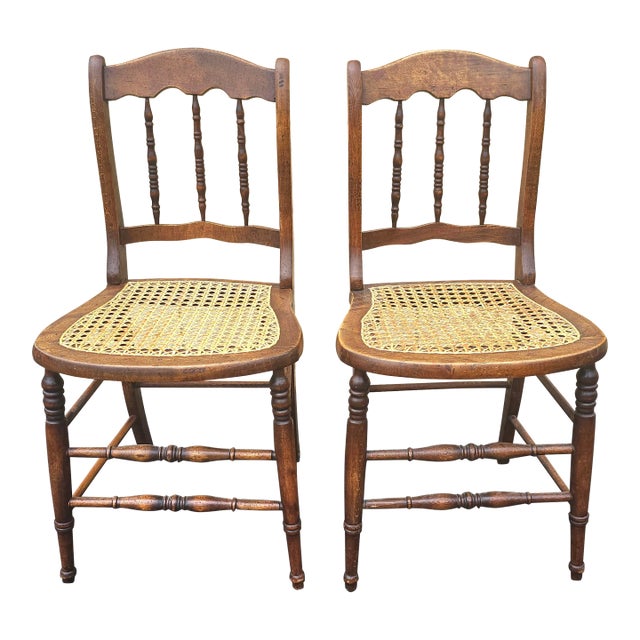 Pair of Early American Walnut and Cane Seat Spindle Back Side Chairs For Sale