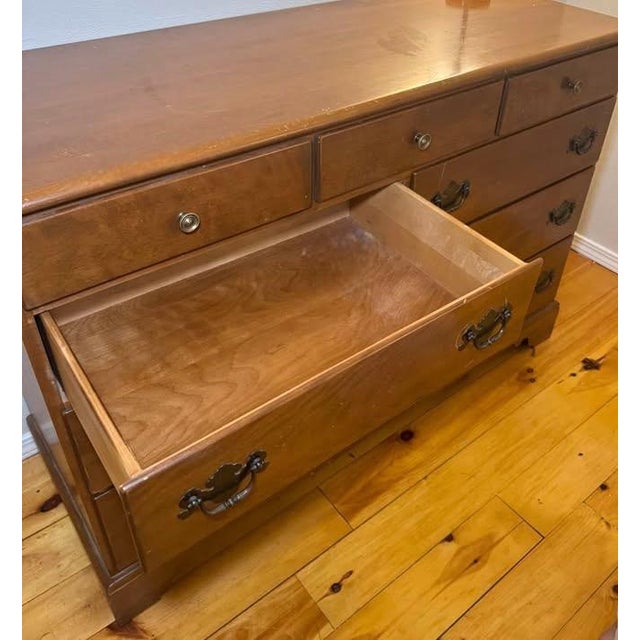 Wood Ethan Allen Nutmeg Solid Maple 52" Wide Chest of 9 Drawers - Vintage 1960s For Sale - Image 7 of 8