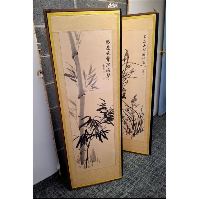 Tan Mid 20th Century Chinese Ink on Silk and Paper Four-Fold Floor Screen For Sale - Image 8 of 10