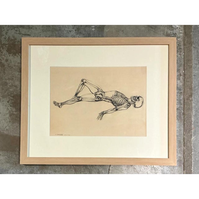 This captivating vintage anatomical study features a reclining skeleton rendered with remarkable precision on paper. The...