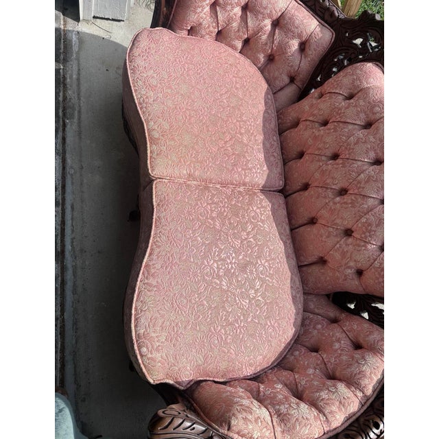 Wood Vintage Victorian Carved Walnut Tufted Loveseat in Blush Jacquard For Sale - Image 7 of 8