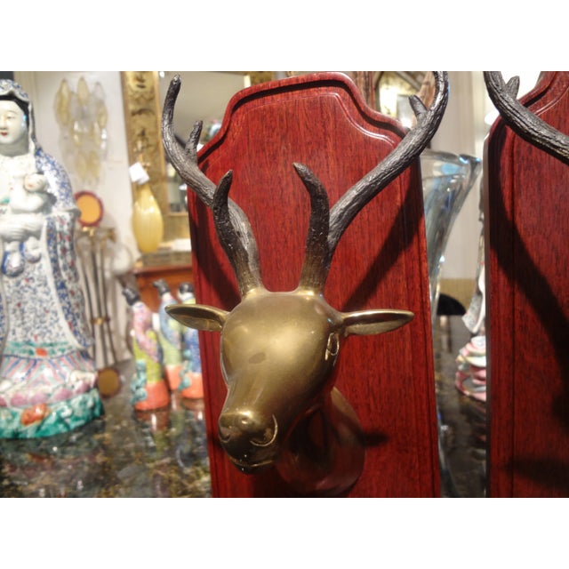 1960s Vintage Brass and Wood Stag Bookends-A Pair For Sale - Image 5 of 9