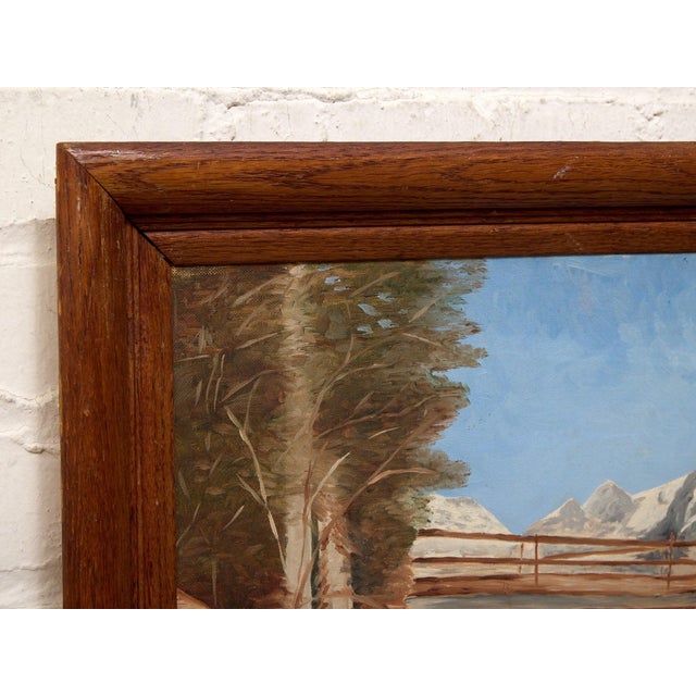 Burnt Umber Vintage Mountain River Landscape Painting With Bridge For Sale - Image 8 of 8