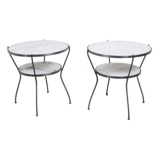 Pair of Italian Midcentury Steel Side Tables with Marble Tops and Shelves For Sale