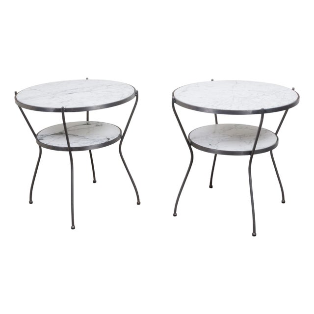 Pair of Italian Midcentury Steel Side Tables with Marble Tops and Shelves For Sale