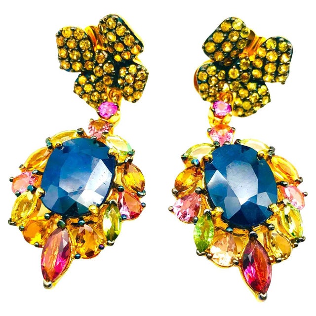 Bochic "Orient" Vintage Sapphire & Yellow Sapphire Earrings 18K Gold & Silver For Sale - Image 15 of 18