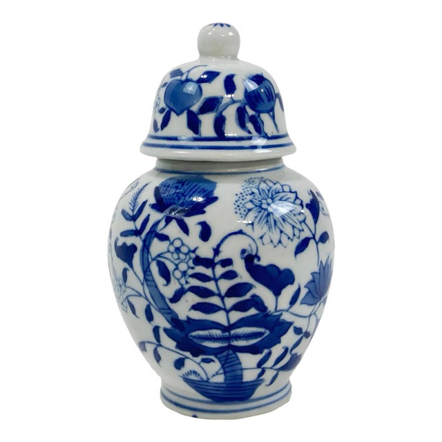 Vintage Blue and White Floral Lidded Jar For Sale