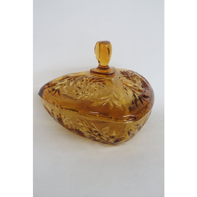Hazel-Atlas Hazel Atlas Amber Glass Lidded Triangle Dish With Embossed Leaf Pattern 5085b For Sale - Image 4 of 14