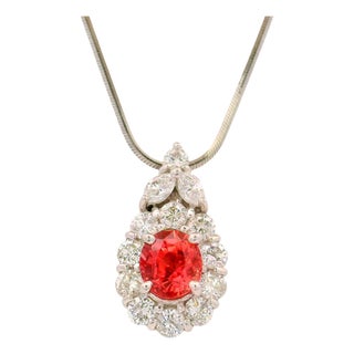 1.32 Carat Padparadscha Sapphire Diamond Platinum Halo Pendant Necklace, Gia For Sale